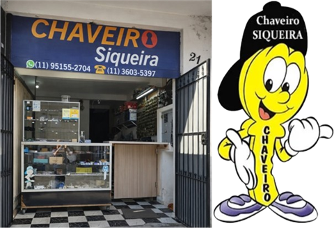 Fachada da loja e mascote do Chaveiro Siqueira em Osasco, Jardim Bonança